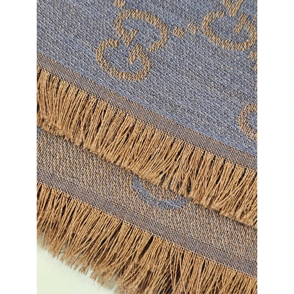 Gucci GG Monogram Scarf Unisex Brown Blue Jacquard Silk Wool Fringed Shawl Wrap